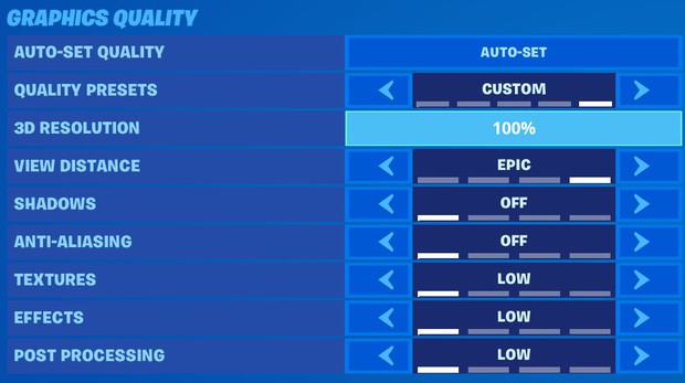 Fortnite graphics quality settings for high FPS, view distance epic, shadows off, anti-aliasing off, textures low, effects low, post processing low
