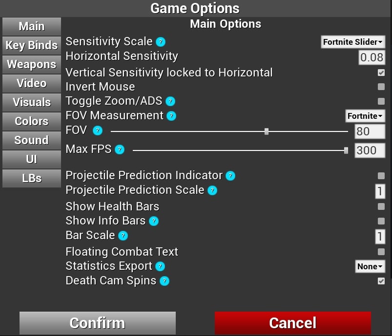 Kovaak's FPS Aim Trainer game options for Fortnite