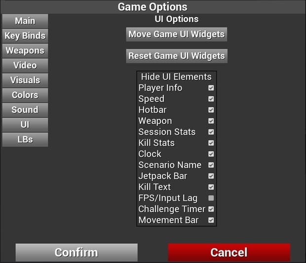 Kovaak's FPS Aim Trainer UI options