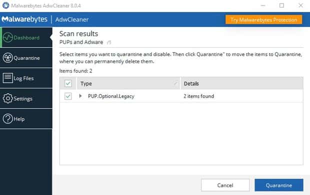 Malwarebytes Adwcleaner scan results finds 2 PUPs