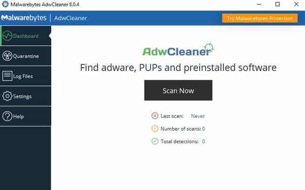 Malwarebyes Adwcleaner dashboard with scan now button