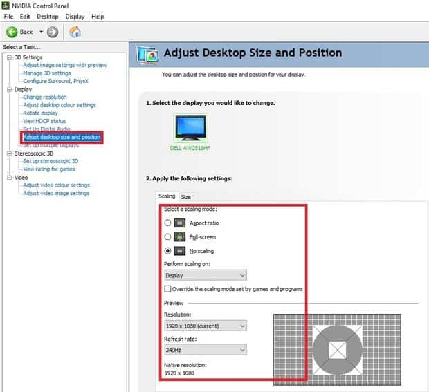 NVIDIA control panel adjust desktop size and position