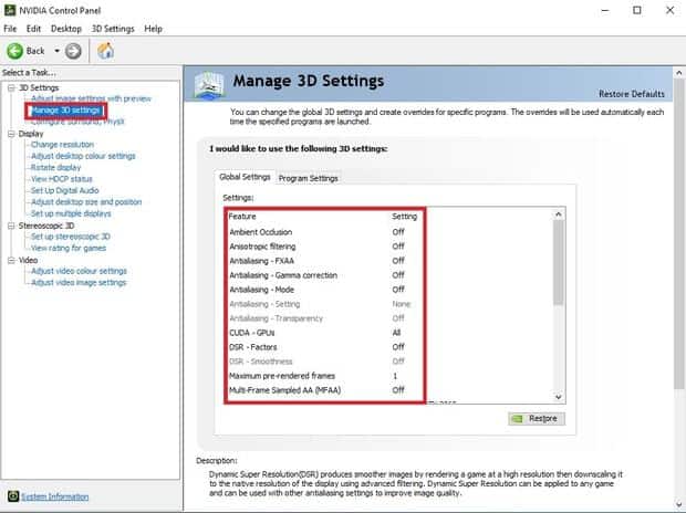 NVIDIA control panel manage 3D settings (1)