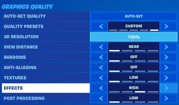 Setting Fortnite graphics quality effects setting to high to fix fishing spots disappearing bug