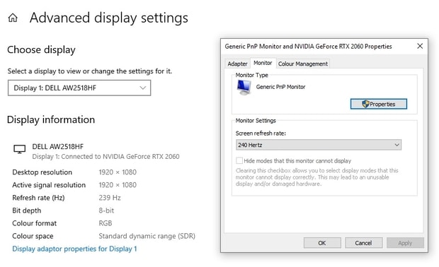 Setting screen refresh rate in advanced display settings