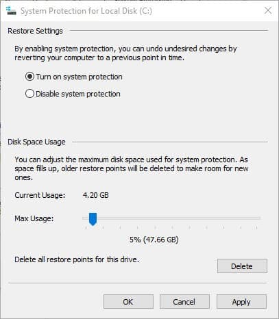 System protection for local disk restore settings