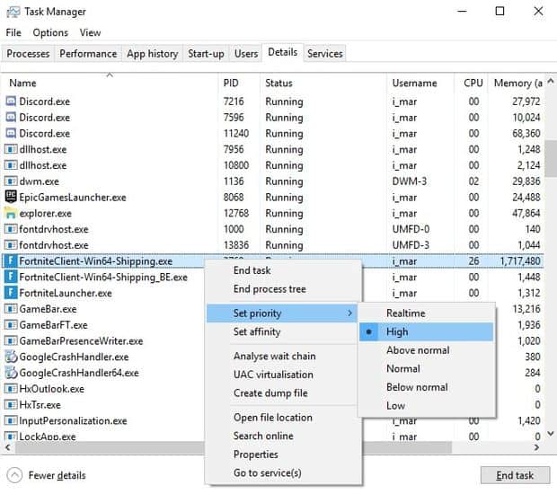 Setting Fortnite client to high priority in task manager
