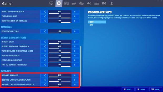 Turning record replays off in the Fortnite game settings to improve performance