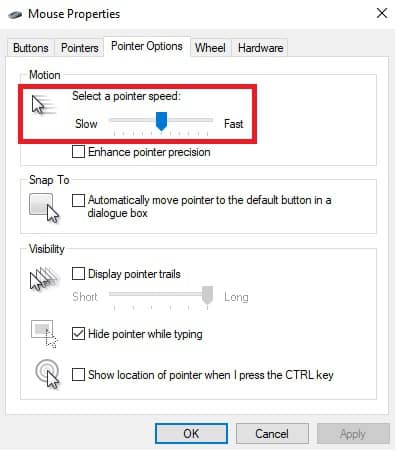 Windows mouse options select a pointer speed